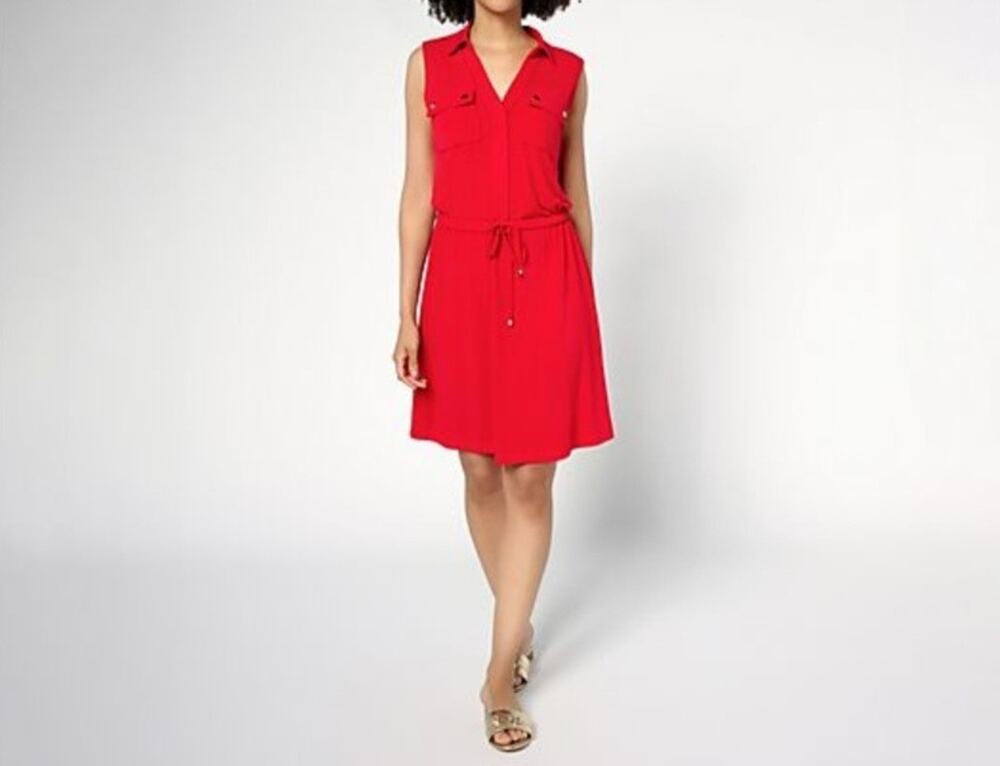 Susan Graver PS Patriotic Red Liquid Knit Drawstring Waist Dress A692194 NWOT